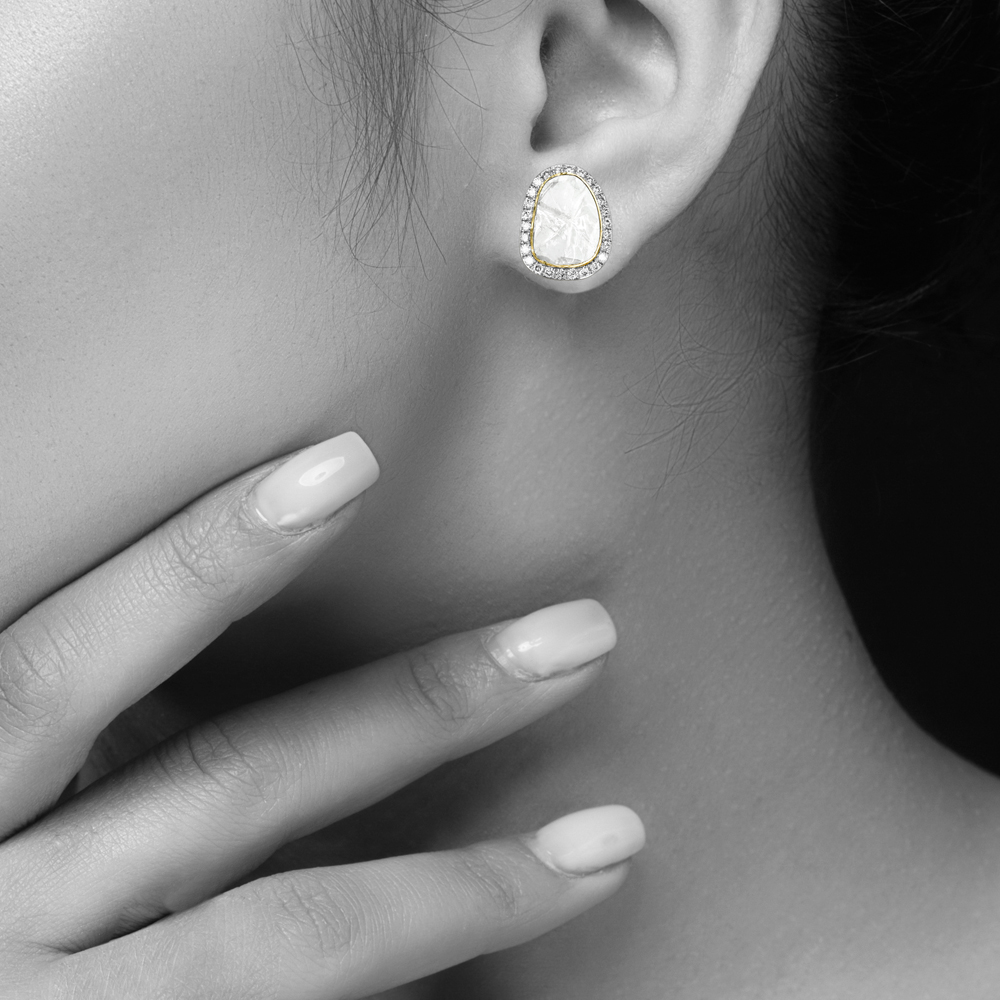 Polki Stud Earrings with Fine-Cut Diamond Halo Border